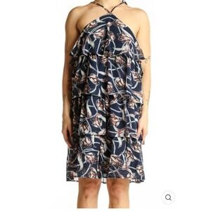 Entro Navy Floral Halter Ruffle Tiered Cocktail Dress Womens Size Medium